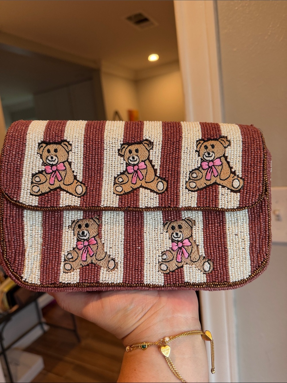 Francesca's Collections Brown, Cream & Pink Beaded Teddy Clutch